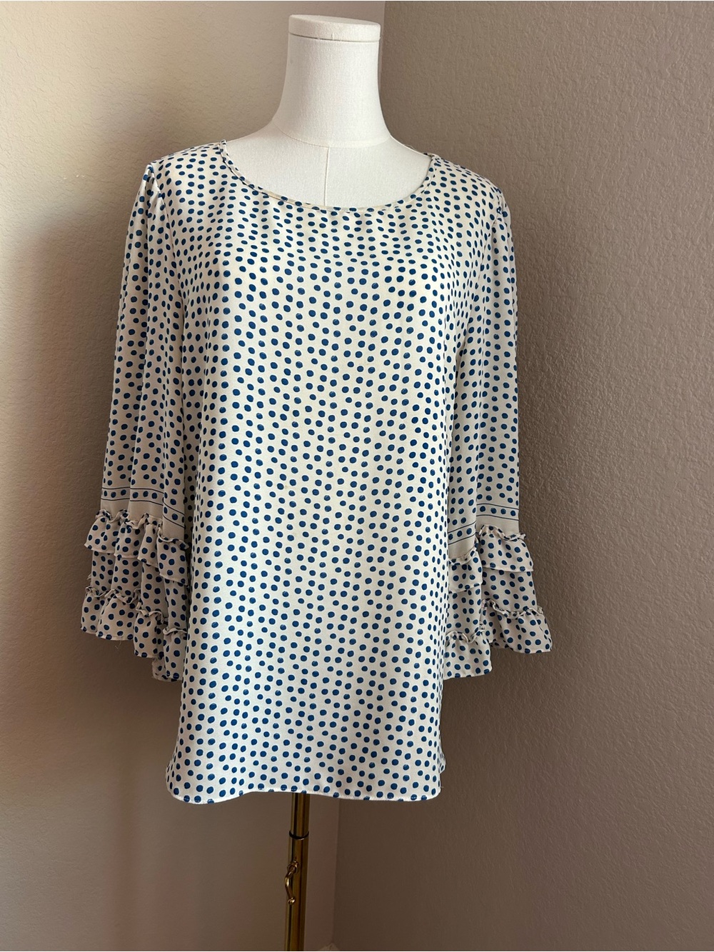 Max Studio White Blouse with Slate Blue Polka Dots and Ruffle Sleeves